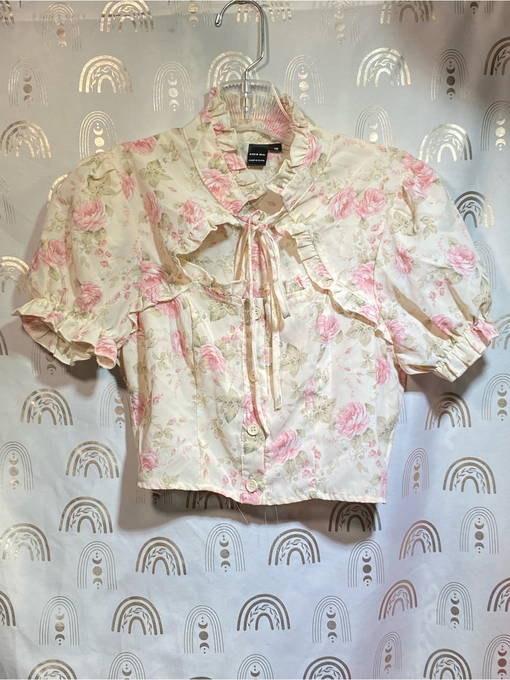 Vintage style Floral Tie-Neck Puff Sleeve Blouse - Pink Floral